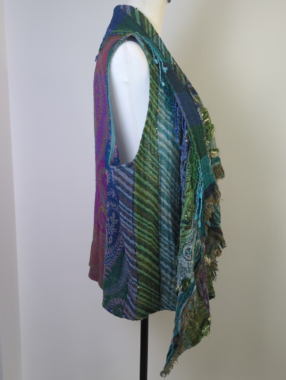 Anu by Natural 100% Wool Paisley Patchwork Beaded Boho Draped Vest Green Blue XL - Picture 7 of 16